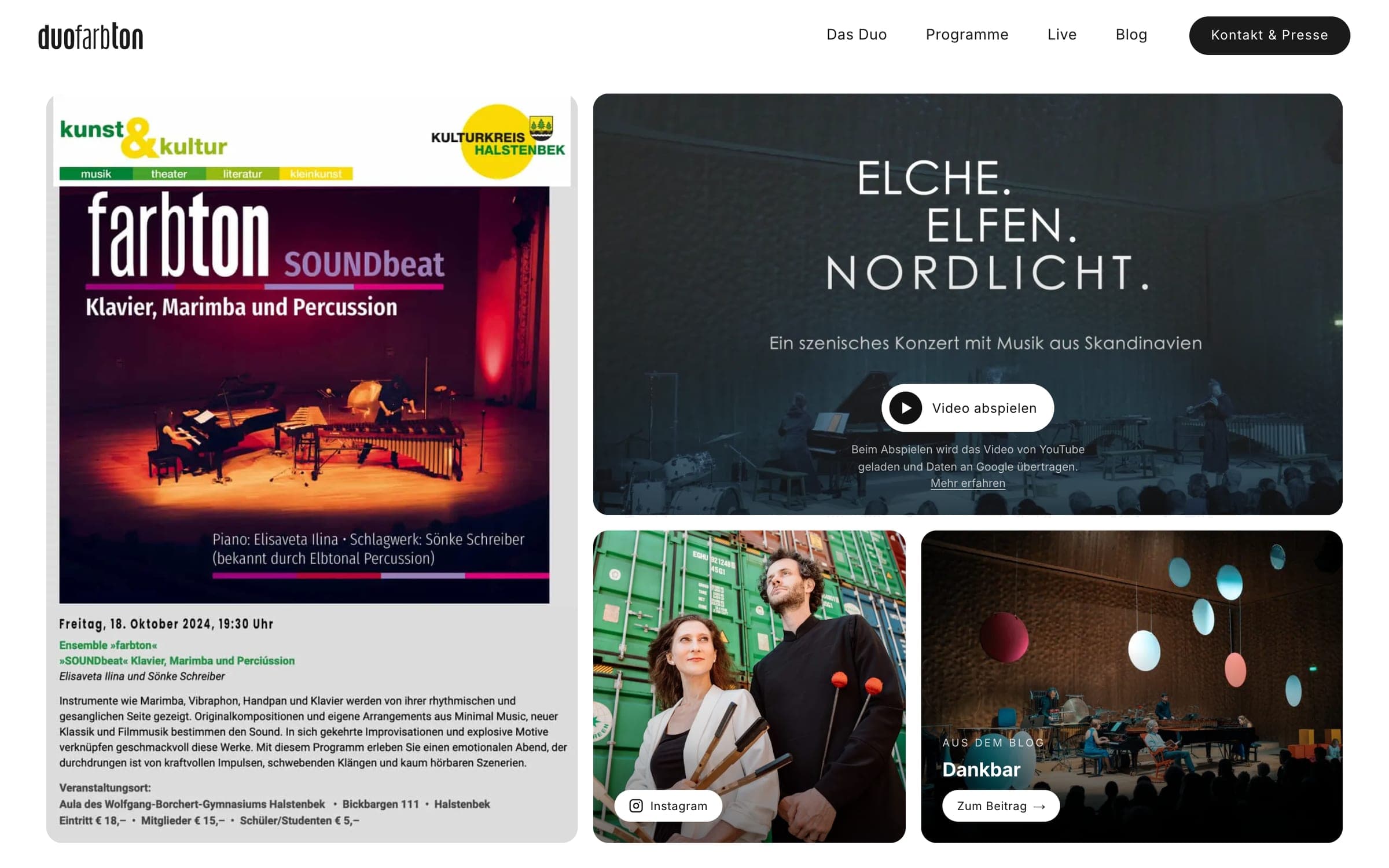 Kacheln der Startseite: Konzertplakat, Video, Instagram-Bild und neuester Blogbeitrag