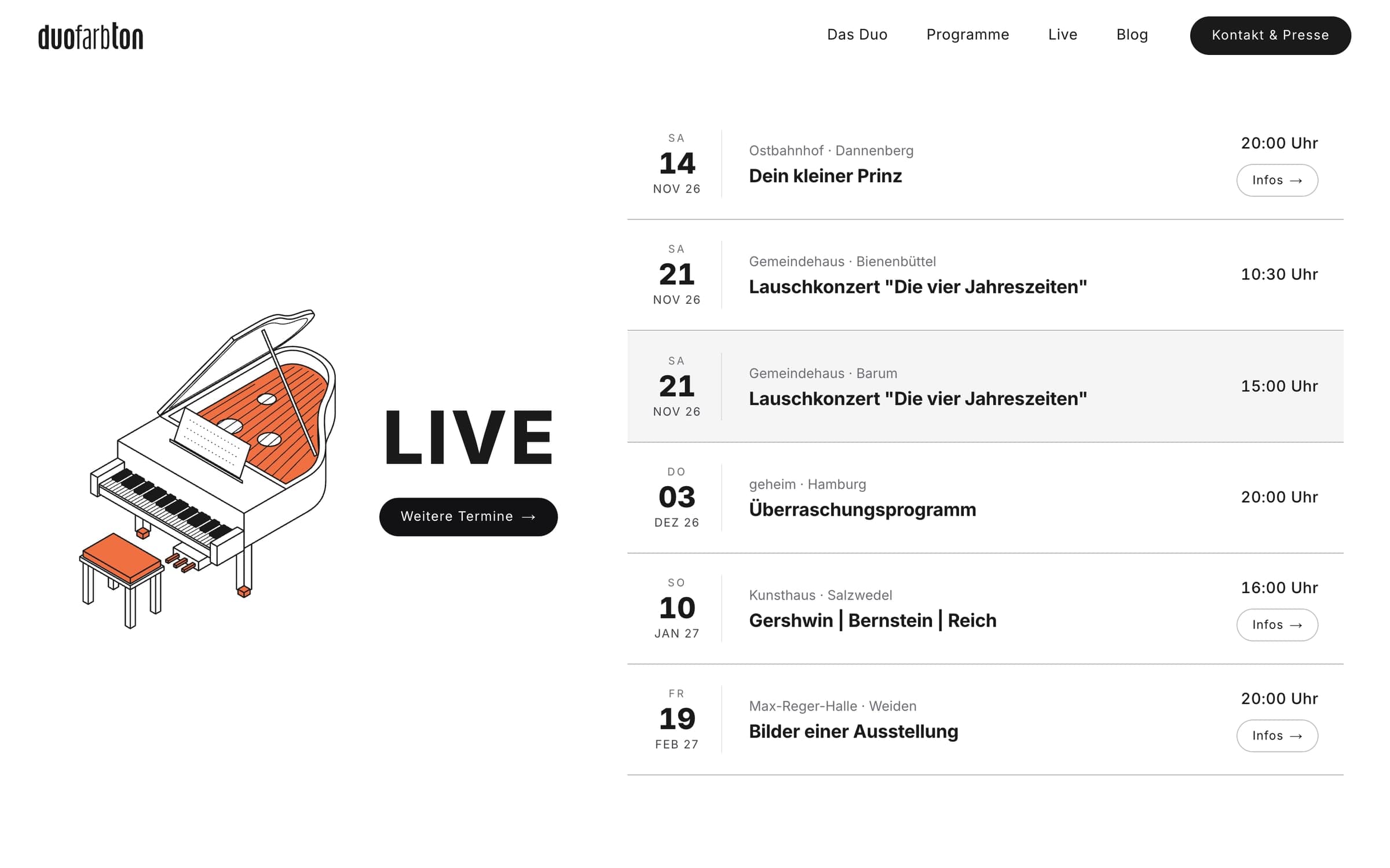 Abschnitt „Live“ der Startseite: gezeichneter Flügel neben der Liste der nächsten Konzerte