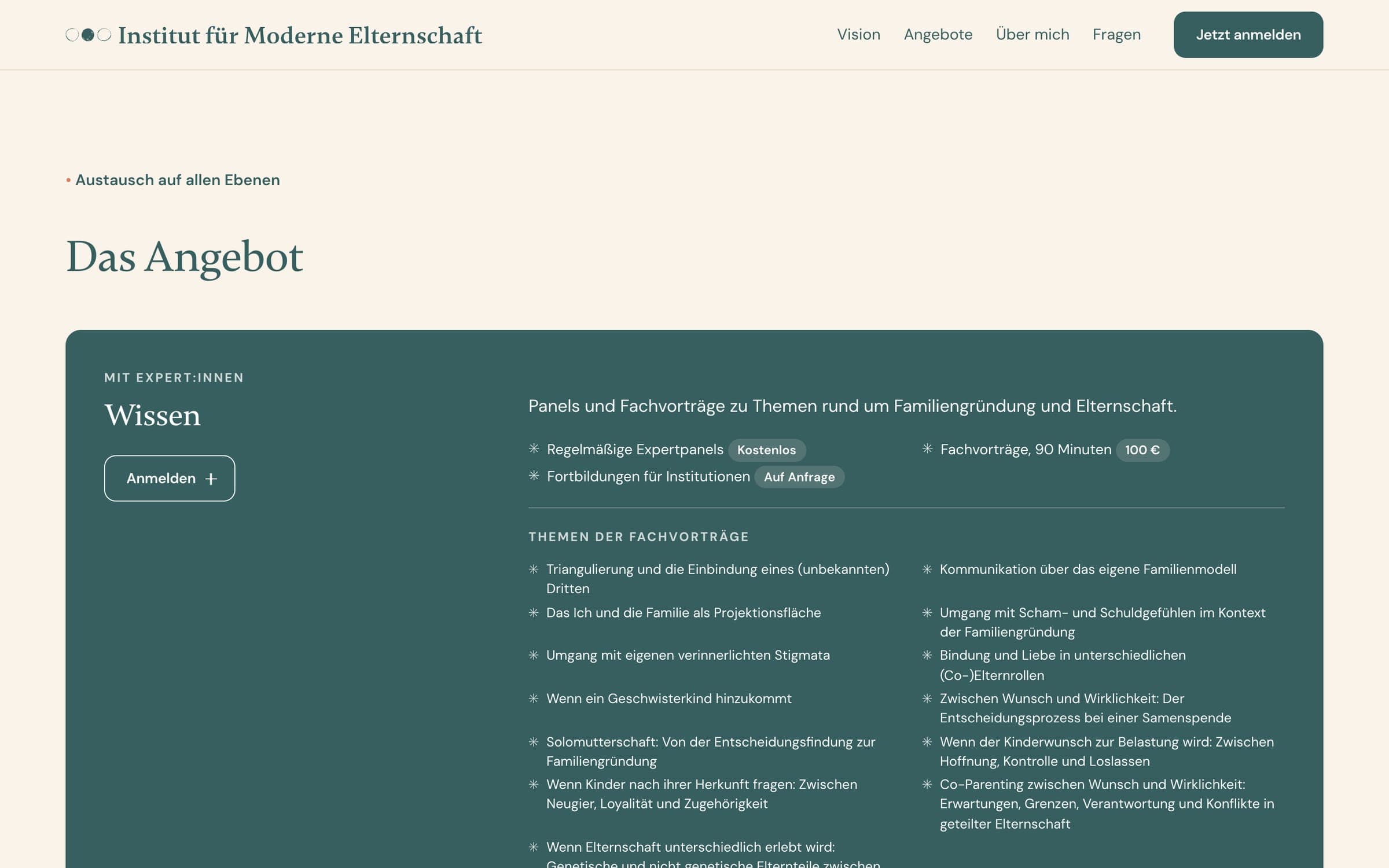 Abschnitt „Das Angebot“: Karte „Wissen“ mit Formaten, Preisen, Themen der Fachvorträge und Knopf zum Anmelden